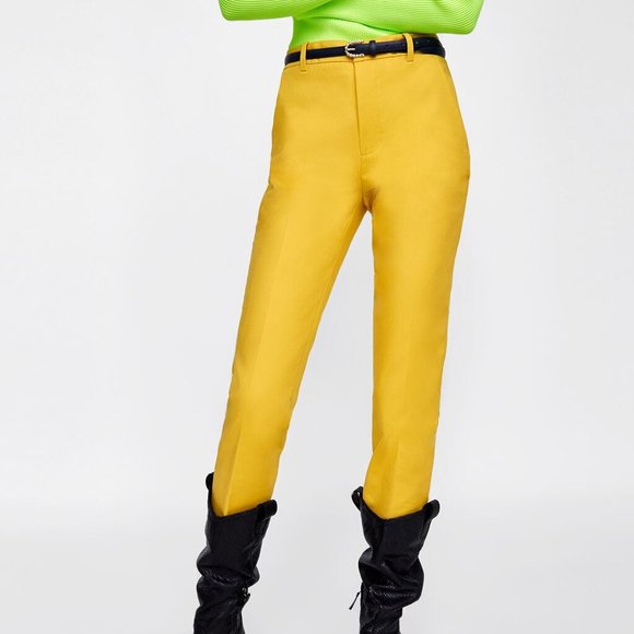 NWT Zara US 2 Yellow Pants With Belt - Picture 2 of 6
